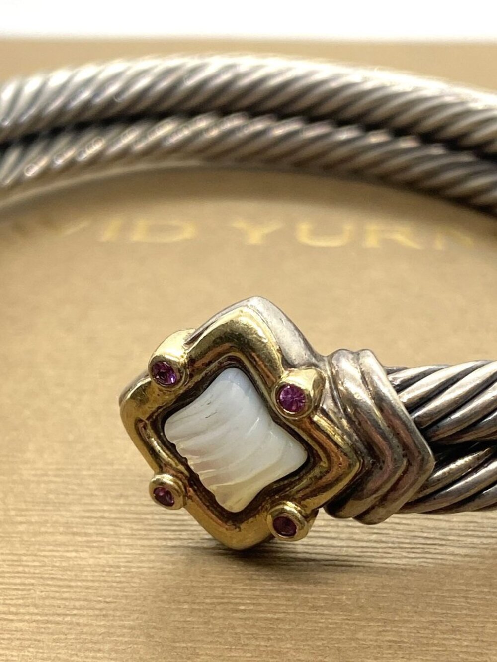 David Yurman Double Cable Sterling 18K Quatrefoil Carved Mother Pearl Bracelet